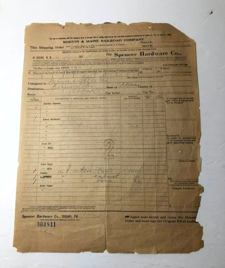 1931 Boston and Maine Railroad Bill Of Lading, Shipping Order - Spencer Hardware - Image 1 of 3