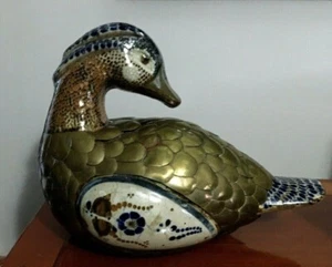 Life Size Tonola Duck Pottery and Brass Mexican Folk Art - Picture 1 of 9