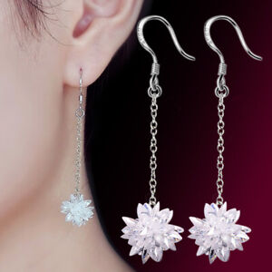 Womens 925 Sterling Silver Zircon Crystal Ice Flowers Dangle Hook Long Earrings