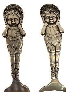 ANTIQUE W Co Sterling Baby/Childs SPOON/FORK Set-Full Figure Good Luck Horseshoe - Picture 1 of 12