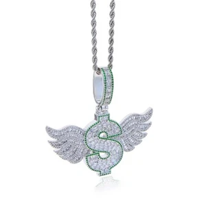 Iced Out Dollar Wing Money Symbol Pendant Silver Color CZ Necklace Love Gift New - Picture 1 of 12