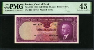 Turkey 1930 ( 1942 ) 1 Lira P135 PMG 45 EF - Picture 1 of 2