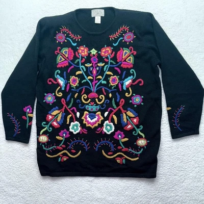 Suéter Esquinero Informal Vintage Mujer Mediano Negro Lana Floral Bordado Años 90 Foto 1 de 4