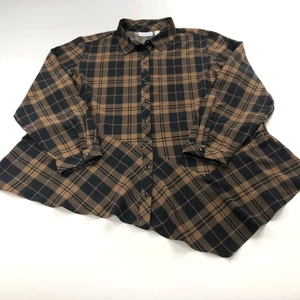 Susan Graver XL Asymmetrical Button Long Sleeve Plaid Shirt Black Brown MINT - Picture 1 of 10