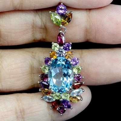 925 Pendente Argento Sterling Ovale Topazio Blu Cielo 14x10mm Citrino Gemma - Immagine 1 di 4