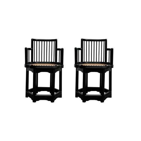 Pair Chinese Black Hexagonal Rattan Seat Elm Wood Armchairs cs7668 Cover