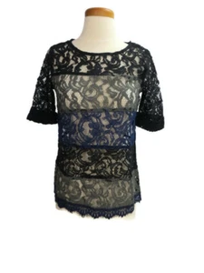 Ella Moss Lace Top Size XS Wide Stripes Navy Blue Black Olive Green Short Sleeve - Picture 1 of 5