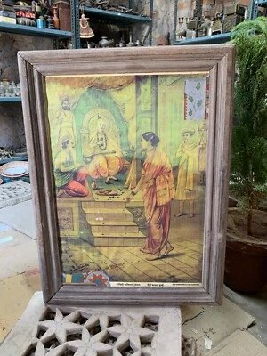 Antigua impresión litográfica hindú Savitri Banninarad Sampad Raja Ravi Verma enmarcada Foto 1 de 4