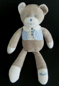 *. DOUDOU PELUCHE MUSTI MUSTELA OURS GRIS GILET BLEU BLANC RAYE COL 28cm TBE - Bild 1 von 10