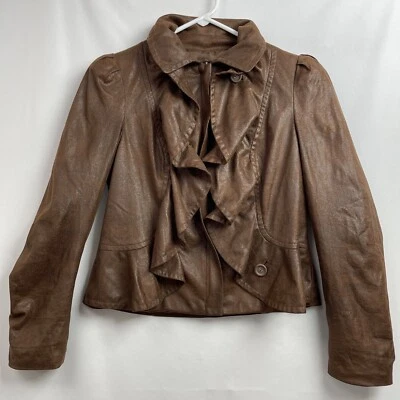 INC International Concepts Jacket Petite Small Faux leather Ruffled Brown - Image 1 of 4