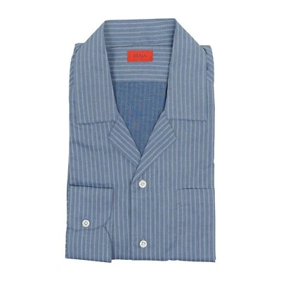 850 $ ISAIA NAPOLI Camisa Azul Rayas Cuello Campamento Sea Island Algodón 16.5 - 42 Foto 1 de 2