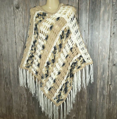 NEW Cream Beige Gray Women's Crochet Handmade Poncho Sweater Boho Hippie  - Image 1 of 4
