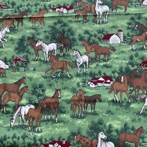 Tela vintage remanente caballos ecuestres un estampado VIP Cranston algodón verde 3/4' - Imagen 1 de 6