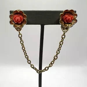 Vintage Flower Sweater Dress Clips Peach Acrylic Rose Gold Tone - Picture 1 of 8