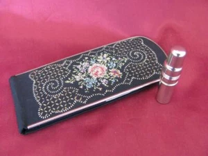 1930s VINTAGE LADIES BEAUTY SET CRYSTAL MIRROR w/EMBROIDERED CASE & MINI PERFUME - Picture 1 of 11
