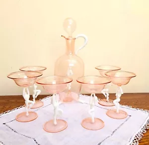 Bimini Lauscha Fritz Lampl Pink Glass Liquor Decanter Set Milk Glass Nude Lady - Picture 1 of 20