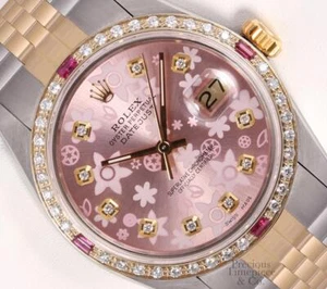 Rolex Datejust 36mm Steel 18k Ruby Diamond Bezel-Diamond Pink Floral Motif Dial - Picture 1 of 6