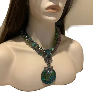 Vintage 6 Strand Pendent Necklace Bead and Glass Claw Clasp Purples Greens Boho - Picture 1 of 6