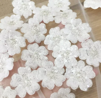 5 Pc Off White 3D Sequin Beaded Lace Applique Flower Patch Motif Veil Bodice DIY - Image 1 of 4