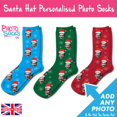 MY PHOTO SOCKS Personalised People Santa Hat Christmas Photo Socks Great Gift Add Any Photo