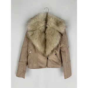  Chaqueta de motociclista River Island de gamuza para mujer 4 pequeñas cuello de piel sintética beige - Imagen 1 de 9