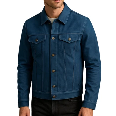 Mens Genuine Suede Leather Jacket Biker Vintage Style Blue Sheepskin Casual Coat - Image 1 of 4