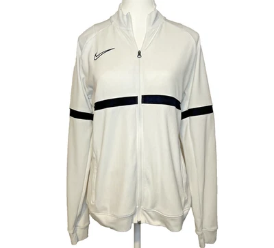 Nike Dri Fit Mujer M Blanco Chaqueta de Pista Cremallera Completa Logo Negro Bolsillos a Rayas DEFECTUOSA Foto 1 de 4