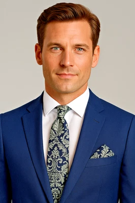 Damask Men's Tie & Hankie Floral Grey Wedding Silver Formal Pocket Square Hanky - image 1 of 3