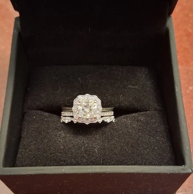 Cusion diamond wedding set w/diamond band Lab Created solitaire  - Image 1 of 4