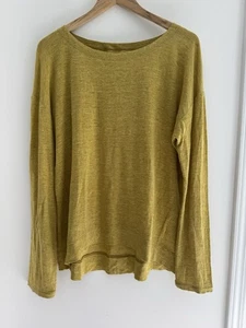 Eileen Fisher Organic Linen Slub Boat Neck Mustard Yellow High Low Tunic Top PL - Picture 1 of 4