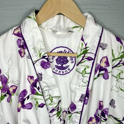 Bata Crabtree & Evelyn S Blanca Púrpura Floral Iris Algodón Bolsillos Cinturón Casa de Campo Foto 1 de 4