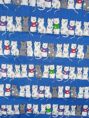 Fabric Traditions Blue Background White/Gray Cats Some with Sweaters 31" x 42" - Image 1 of 4