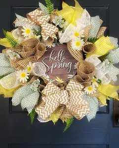 Hello Spring Burlap Neutral Outdoor Wreath Daisies Front Door Free Shipping - Picture 1 of 6