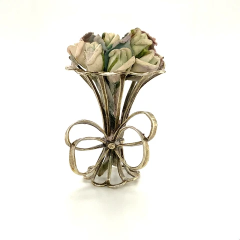 Vintage Sterling Sign ama Handmade Carved Flower Bouquet Vase Figure Miniature Cover