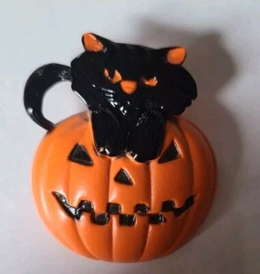 Vtg Rare Signed Danecraft Metal Painted Pumpkin Black Cat Brooch Pin Halloween  - Picture 1 of 12