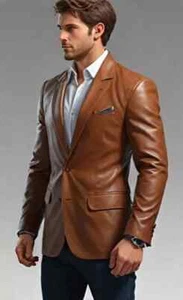 Elegant Men's Leather Blazer - Premium Genuine Leather Blazer| Stylish Jacket - Picture 1 of 9