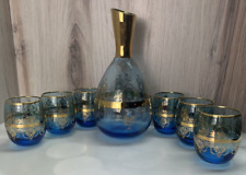 Murano? Venetian Aqua Blue Gold Floral Decanter Bottle With 6 Glasses Vintage