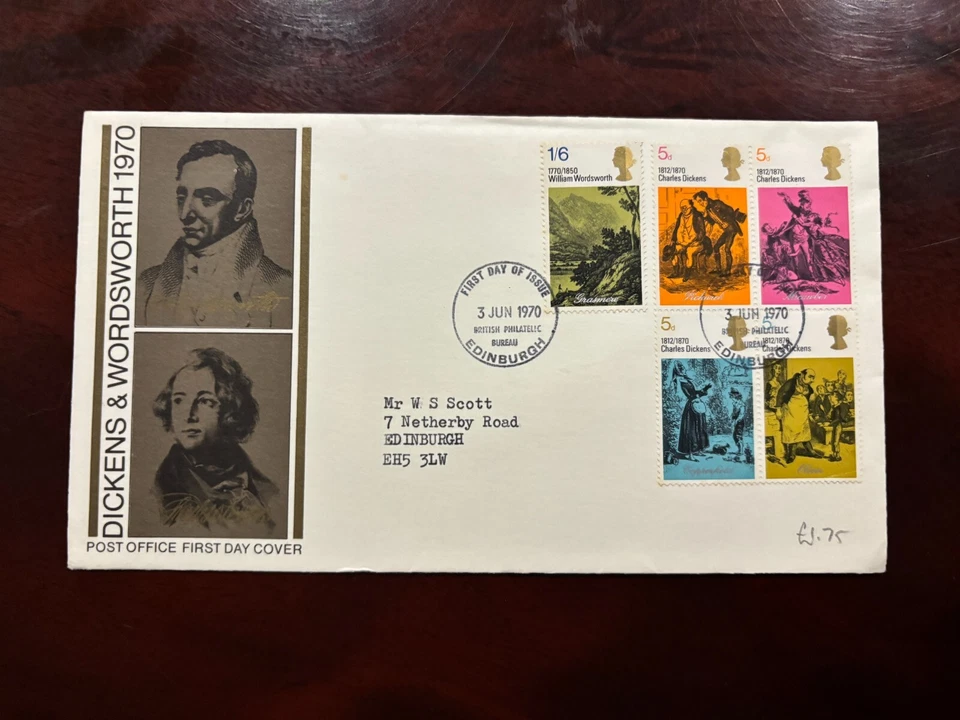 United Kingdom 1970 - Charles Dickens, William Wordsworth FDC stamps set Edinbur - Image 1 of 1