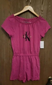 Calvin Klein Girls’ LOGO V-Neck ROMPER Pink Rose Violet Size Large (12-14) - Picture 1 of 2