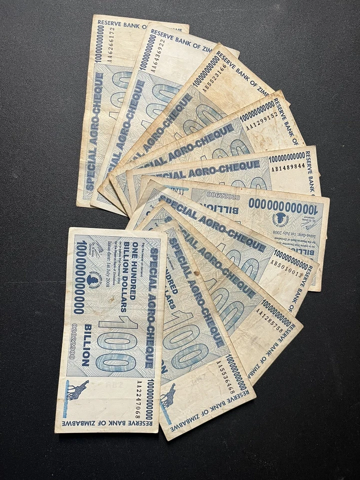 ZIMBABWE 100 BILLION DOLLARS (2008)  AGRO CHEQUE - LOT OF 10 NOTES (Circulated) - Image 1 of 2