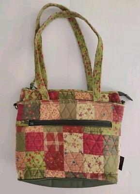 CARTERA Donna Sharp verde y rojo a cuadros y floral acolchada con doble asa Foto 1 de 4