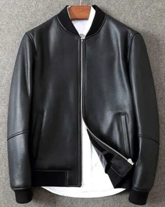 Black Leather Jacket Men Flight Bomber Jacket Real Sheep Skin Leather - Picture 1 of 3