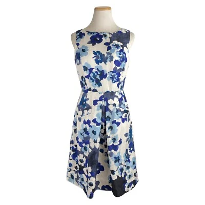 Vestido DONNA MORGAN 4 Azul Blanco Negro Floral Sin Mangas Bolsillos Plisados Invertidos Foto 1 de 4