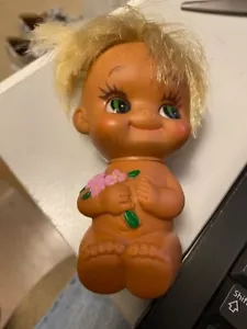 Little Brown Rubber Doll Made in Japan Nude Flowers Vintage Blonde Hair - Picture 1 of 5
