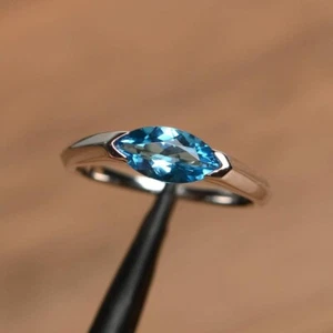 1Ct Marquise Cut Lab-Created Blue Topaz Engagement Ring 14K White Gold Plated - Picture 1 of 4