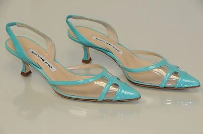  Nuevo MANOLO BLAHNIK Carolyne Turquesa Patente PVC Gatito Tacones ZAPATOS 37 38 41 Foto 1 de 4