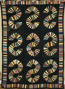 Amazing Folky Wool 1920's Letter "S" Fans Antique Quilt ~Piano Key Border! - Picture 1 of 10