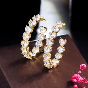Sparkly Bling Out Love Heart White CZ Yellow Gold Round Hoop Earrings for Women - Picture 1 of 10