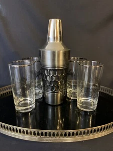 Vintage Game Bird High Ball Glasses Silver Rim Set Of 4 + Cocktail Shaker - Picture 1 of 12