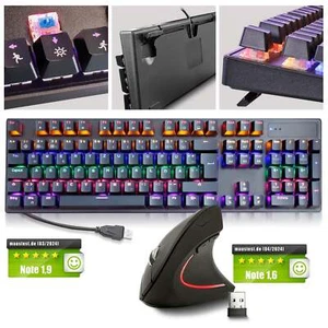 SET: Mechanische USB Gaming Tastatur RGB LED & Ergonom. Funkmaus QWERTZ Layout - Bild 1 von 12